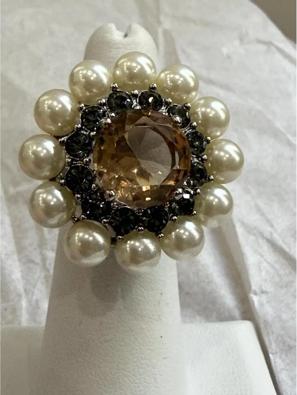 Elegant Pearl and Smoky Crystal Cocktail Ring Size 8.25